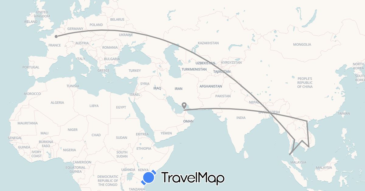 TravelMap itinerary: driving, plane in United Arab Emirates, France, Cambodia, Thailand, Vietnam (Asia, Europe)